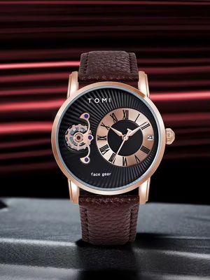 TOMI T-104 Face Gear Dual Strap Leather Belt Watch (Black-Rosegold)_img_2