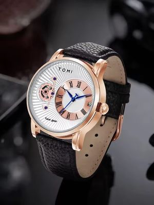 TOMI T-104 Face Gear Dual Strap Leather Belt Watch (White-Rosegold)_img_1
