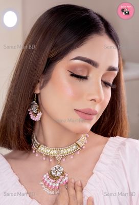 Luxury Premium Quality Indian Style Pink Stone Luxury Jhumka Necklace Set_img_2