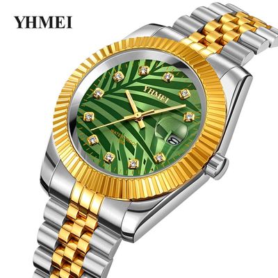 Gorgeous YHMEI Two Tone Green Textured  Date Just Style Fashionable Watch_img_2