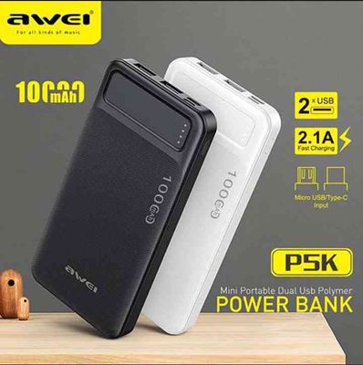 Awei p5k 10000mah ডুয়াল USB পোর্ট, ফাস্ট চার্জিং, মাইক্রো USB এবং টাইপ C ইনপুট পাওয়ার ব্যাংক_img_2