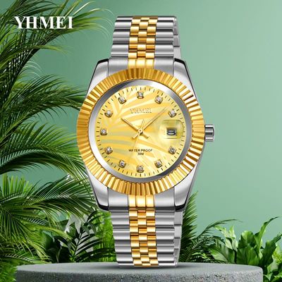 Gorgeous YHMEI Two Tone White Textured  Date Just Style Fashionable Watch_img_2