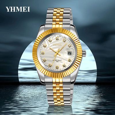 Gorgeous YHMEI Two Tone White Textured  Date Just Style Fashionable Watch_img_3