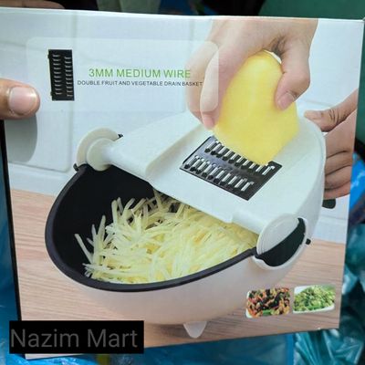 9 in 1 Multifunction Kitchen Wet Basket Vegetable Cutter With Drain Magic Rotate Safety - Nazim Mart_img_0