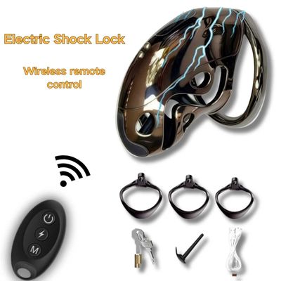 Black Gold Remote Control Electric Shock Male Chastity Lock Long Distance Controlled Male Chastity Penis Restraint Adult Sex Toy_img_0