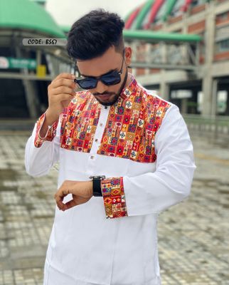 XL-44 White, Red chest Contrast panjabi (Soft cotton)_img_0