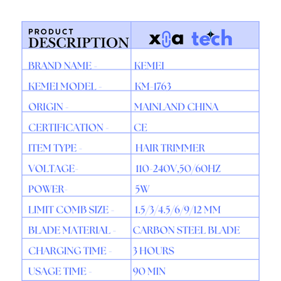 KEMEI KM-1763 high speed Rechargeable Professional  Hair Trimmer For Men_img_4
