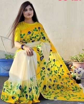 Art in Every Thread – Hand-Printed Half Silk Saree