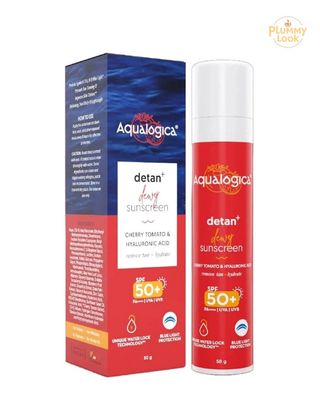 Aqualogica Detan+ Dewy Lightweight Sunscreen with SPF 50+ & PA++++ for UVA/B & Blue Light Protection | Tan Removal & No White Cast for Men & Women -(50g)_img_0