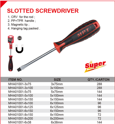 MPT Screwdriver, Flat, Cr-V, Slotted ( 3x75 | 3x100 | 5x75 | 5x100 | 5x150 | 6x38 | 6x100 | 6x125 | 6x150 | 8x150 | 8x200mm ) MHA01001_img_12