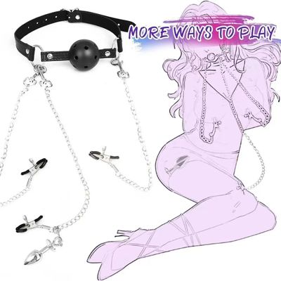 Erotic Toy Leather Mouth Gag Ball Anal Butt Plug with Chain Clip Breast Nipple Clamps Fetish Bondage Harness Sex Toys Adult Game_img_1