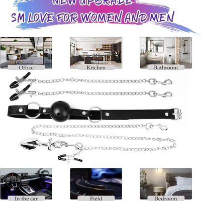 Erotic Toy Leather Mouth Gag Ball Anal Butt Plug with Chain Clip Breast Nipple Clamps Fetish Bondage Harness Sex Toys Adult Game_img_3