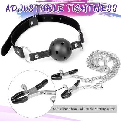 Erotic Toy Leather Mouth Gag Ball Anal Butt Plug with Chain Clip Breast Nipple Clamps Fetish Bondage Harness Sex Toys Adult Game_img_4