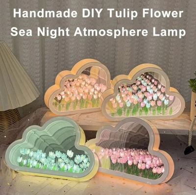 Creative Handmade LED Night Light Mirror DIY Tulip Flower Sea Night Atmosphere Lamp Clouds Tulip Table Lamp Bedroom Desk Lamp Valentine Christmas Birthdays Gifts For Girlfriend Home Decoration Tulip Lamp_img_4