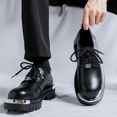 Men's Faux Leather Low-heeled Lace-up Breathable Square-toe Platform Shoes_img_1