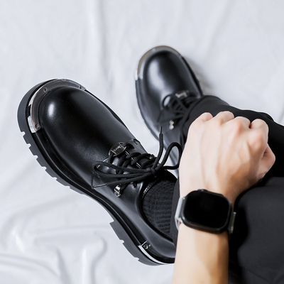 Men's Faux Leather Low-heeled Lace-up Breathable Square-toe Platform Shoes_img_2
