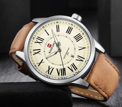 Naviforce 9126 Gents Belt Watch- Cream Color Dial- Silver Bezel- Brown Belt- TF Code NF175BM_img_1