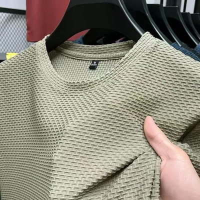 Men's Short-sleeved Round Neck T Shirt Summer 3D Texture Tshirt Stretch Bamboo Mesh Ice Silk T-shirt for Men_img_1