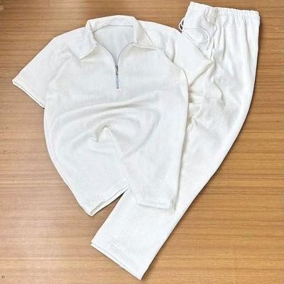 Premium Zipper Polo & Semi Baggy Trouser White