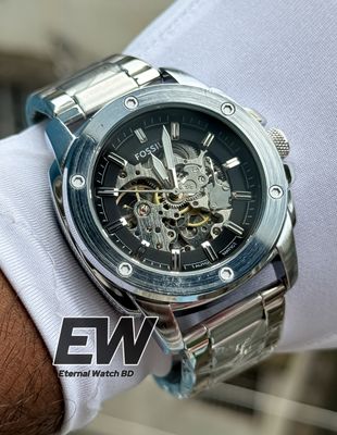 FOSSIL AUTOMATIC CHAIN BLACK DIAL SILVER CASE_img_1