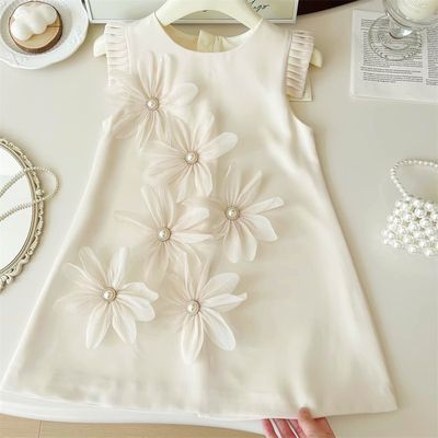 Kids Girls Summer Elegant Pearls Flower Sleeveless Korean Party Skirt (1 to 6 Years)_img_0