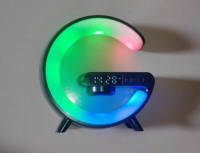 G Shape Google LED Wireless Charging RGB Bluetooth Speaker Clock and Rechargeable Table Lamp_img_2