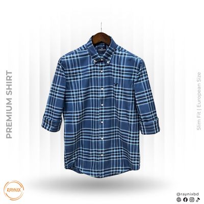 American Eagle Men’s Premium Blue Plaid Slim-Fit Casual Shirt