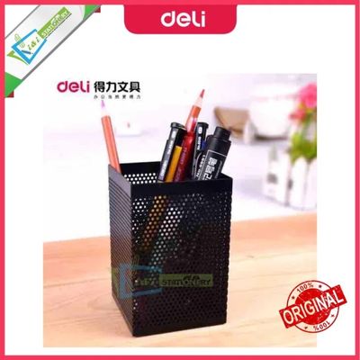 deli Pen Holder 73×73×115mm Mesh Steel Barrel 908 Black 1pcs_img_0