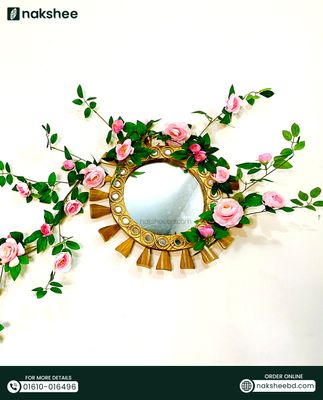 কাঠের আয়না ১৭" সাইজ + প্রিমিয়াম গোলাপ লতা Wooden Mirror 17/17'' size(wooden Color) + Premium Rose Vine_img_1
