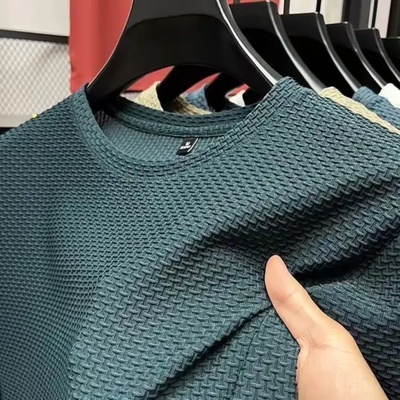 Men's Short-sleeved Round Neck T Shirt Summer 3D Texture Tshirt Stretch Bamboo Mesh Ice Silk T-shirt for Men_img_2