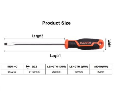 HARDEN Slotted Magnetic Screwdriver ( 1.5" | 4" | 6" | 8" | 10" | 12" ), Flat Screw driver with strong magnet & CRV; Model: 550251 | 550253 | 550255 | 550256 |  550257 | 550258_img_12