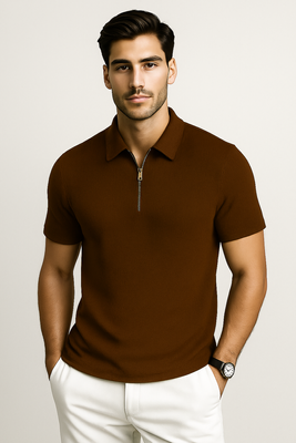 Coffee Color– Premium Ribbed Zipper Polo T-Shirt_img_0