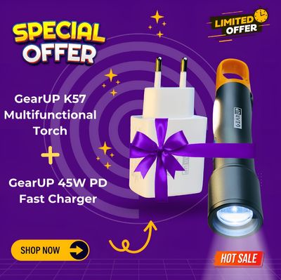 স্পেশাল অফার !! GearUP K57 Multifunctional Rechargeable Torch & GearUP GP007 45W Fast Charging PD Combo_img_0
