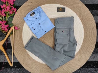 Band collar sky shirt with Ash cargo gabardine pant_img_0