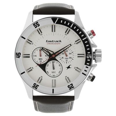 Fastrack NS3072SL01 Big Time Quartz Chronograph White Dial Leather Strap Watch_img_0
