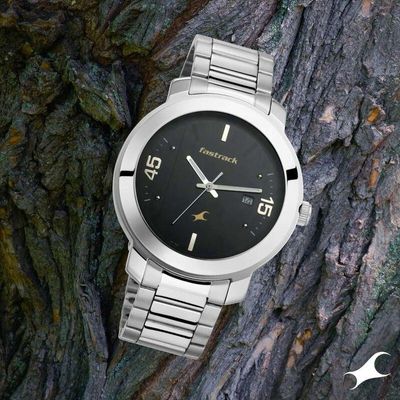 Fastrack NS3246SM02 Bare Basics Quartz Analog with Date Black Dial Stainless Steel Strap Watch_img_0