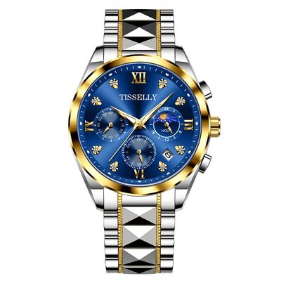 TISSELLY 6010 Elegant Men's Watch – Stainless Steel Strap in Silver Gold with Blue Dial_img_1