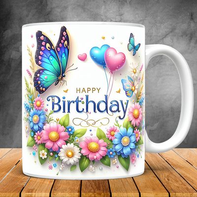 Happy Birthday Mug, Colorful Butterflies and Flowers Birthday Gift_img_0