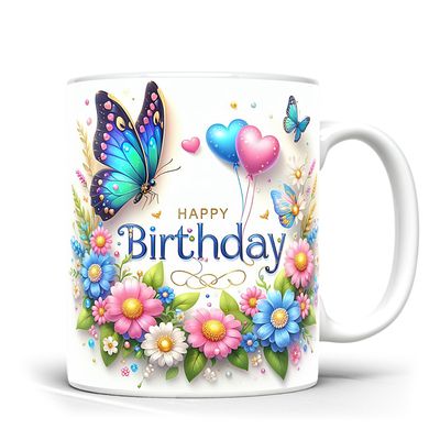 Happy Birthday Mug, Colorful Butterflies and Flowers Birthday Gift_img_2
