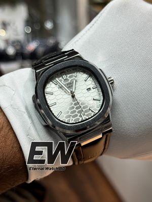 PATEK NAUTILUS SWEEP WHITE DIAL BLACK BELT SILVER CASE_img_2