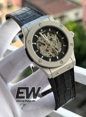 HUBLOT AUTOMOTIC BLACK LEATHER TEXTURE BELT BLACK DIAL SILVER CASE_img_0