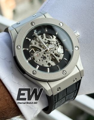 HUBLOT AUTOMOTIC BLACK LEATHER TEXTURE BELT BLACK DIAL SILVER CASE_img_2