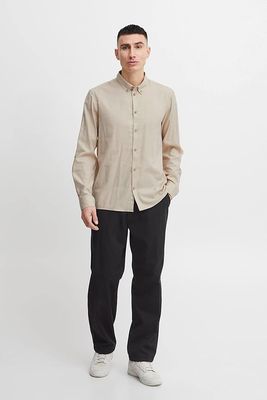 Men’s Classic Beige Button-Up Shirt – Long Sleeve, Casual Fit_img_1