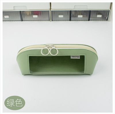 New Shell Morandi Color Leather Pencil Case Transparent Window Waterproof Large Capacity_img_1