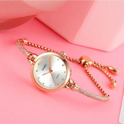 SKMEI 1805 Ladies Diamond Bracelet Watch - Silver Dial- Rose Golden Bezel- Stone+Rose Golden Chain- TF Code SK414CF_img_2