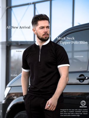Blackdoo Men’s Mock Neck Zipper Polo | Black_img_1