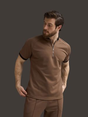 Blackdoo Men’s Mock Neck Zipper Polo | Coffe_img_2