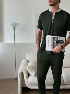 Mock Neck Zipper Polo Shirt | Bottle Green_img_4