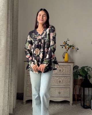 Black Floral Printed V Neck Full Sleeve Pure Cotton Top_img_0