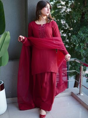 Red Wine Color Cherry georgette Three pieces_img_3